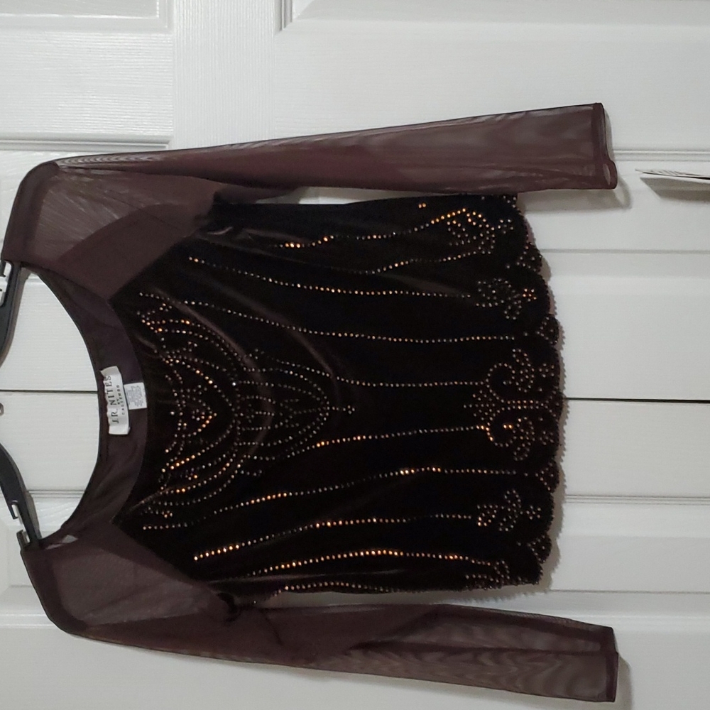 NWT Brown embellished velour party top Sz 16